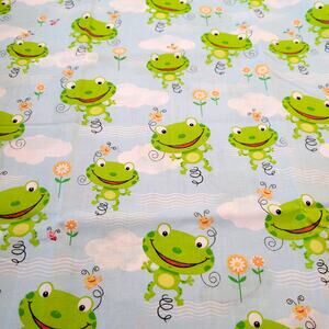 Cotton Fabric Frogs on Blue Clouds Flowers 2 Yards x 44" Sarah Beise  Kidcore